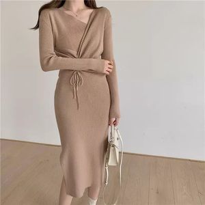 V-Neck Knitted Sweater Dress with Pull-String Waist